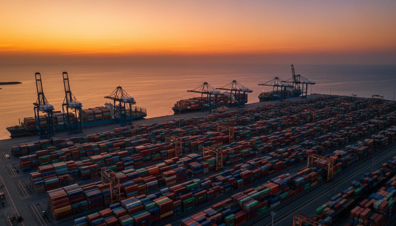 International shipping port with containers at golden hour - global trade operations