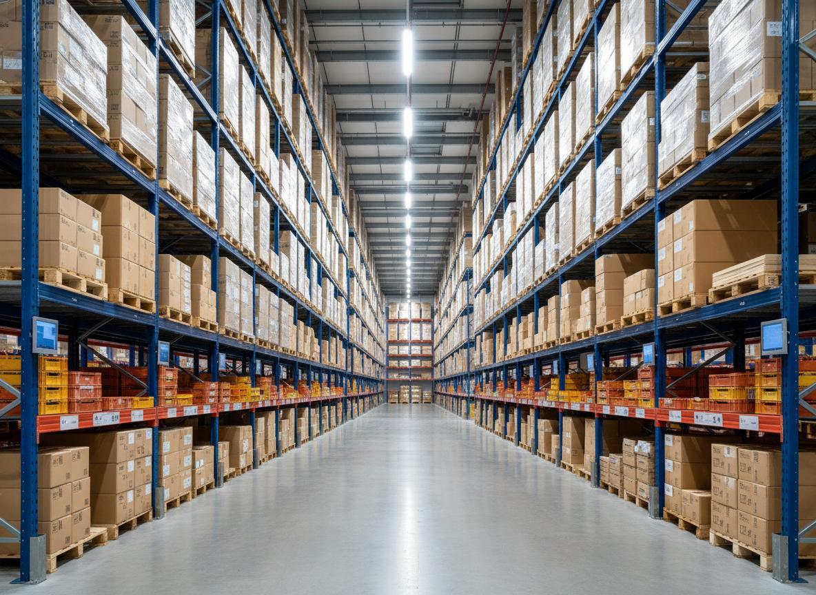 Modern commercial warehouse with organized palletized goods for wholesale distribution